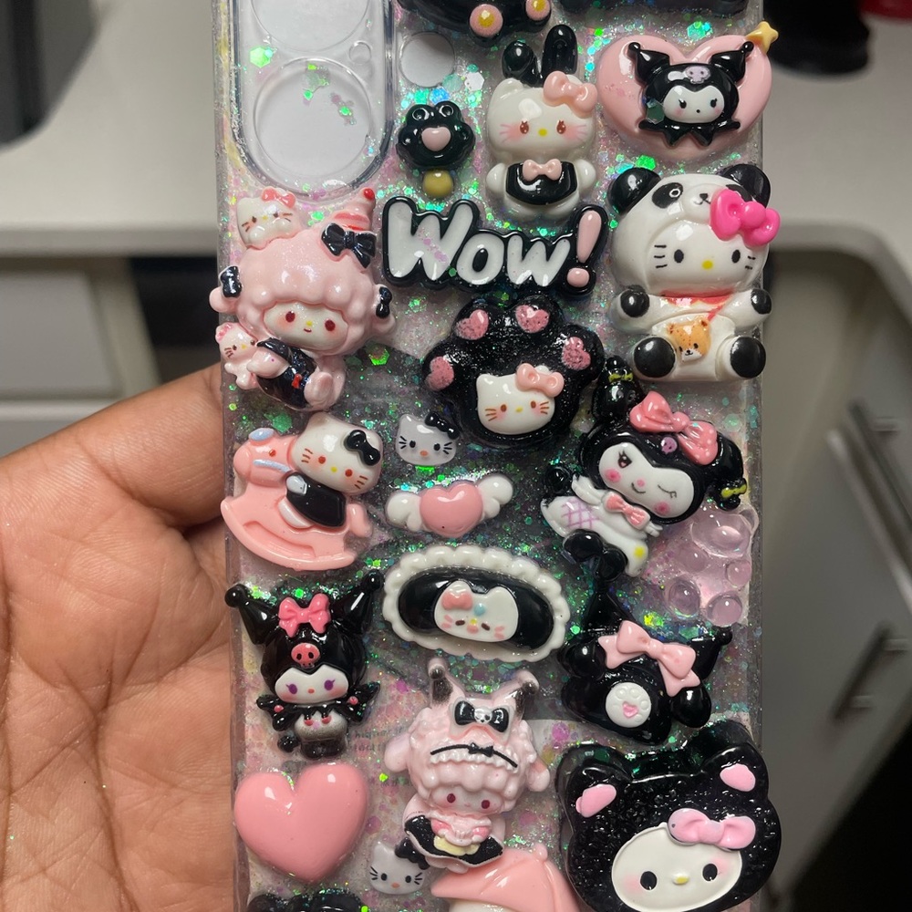 Hello Kitty Pink & Black 3D Charms Glitter Phone Case